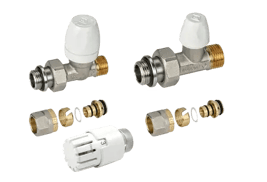 KIT JUPITER Robinet thermostatisable droit et te de réglage/Filetage universelpour tube PER, multicouche et cuivre/Version avec joint sur la douille/Paire deraccords à compression/Tête thermostatique blanche